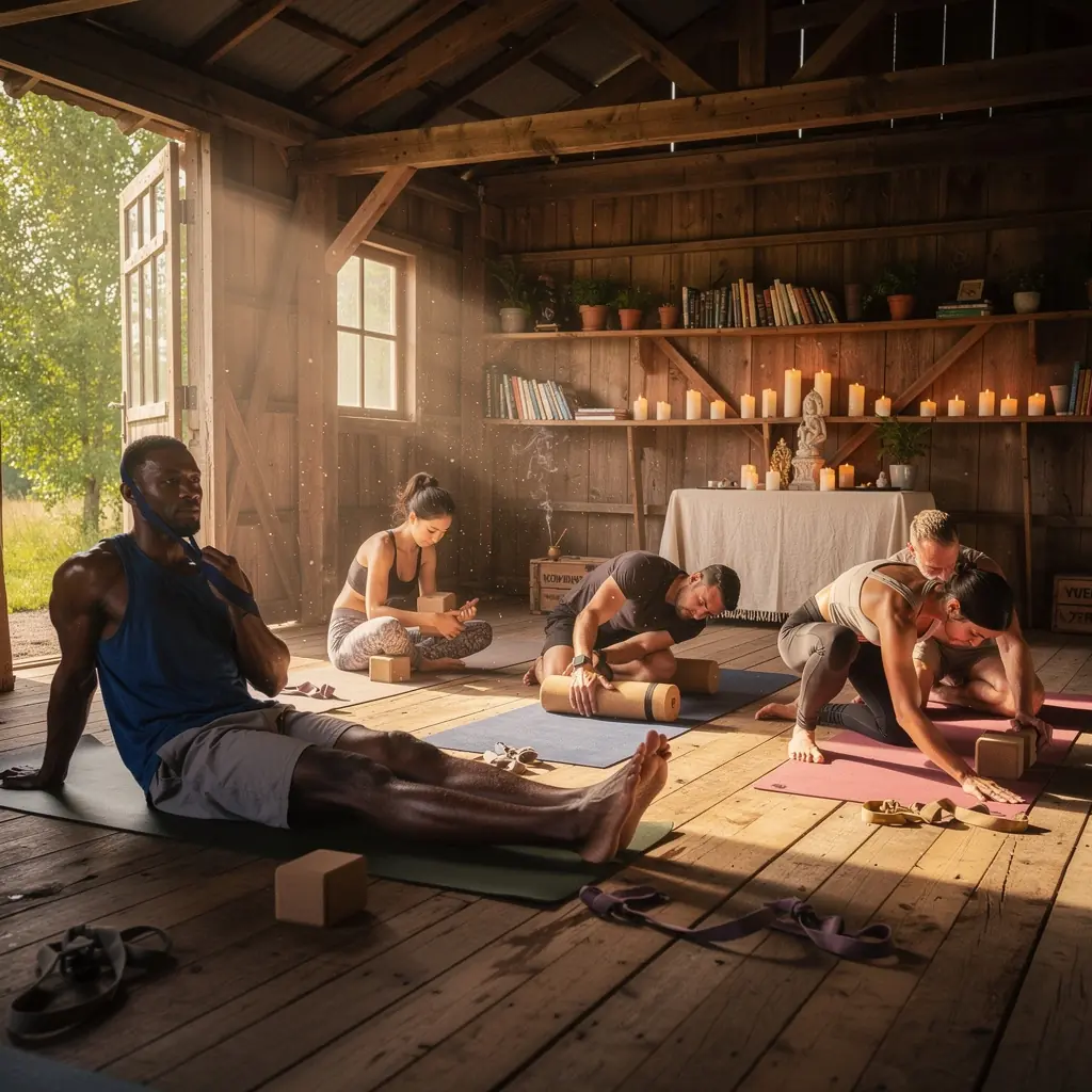 Un espacio de meditación con cojines y mantas, diseñado para facilitar la relajación y la conexión profunda durante la práctica de yin yoga.