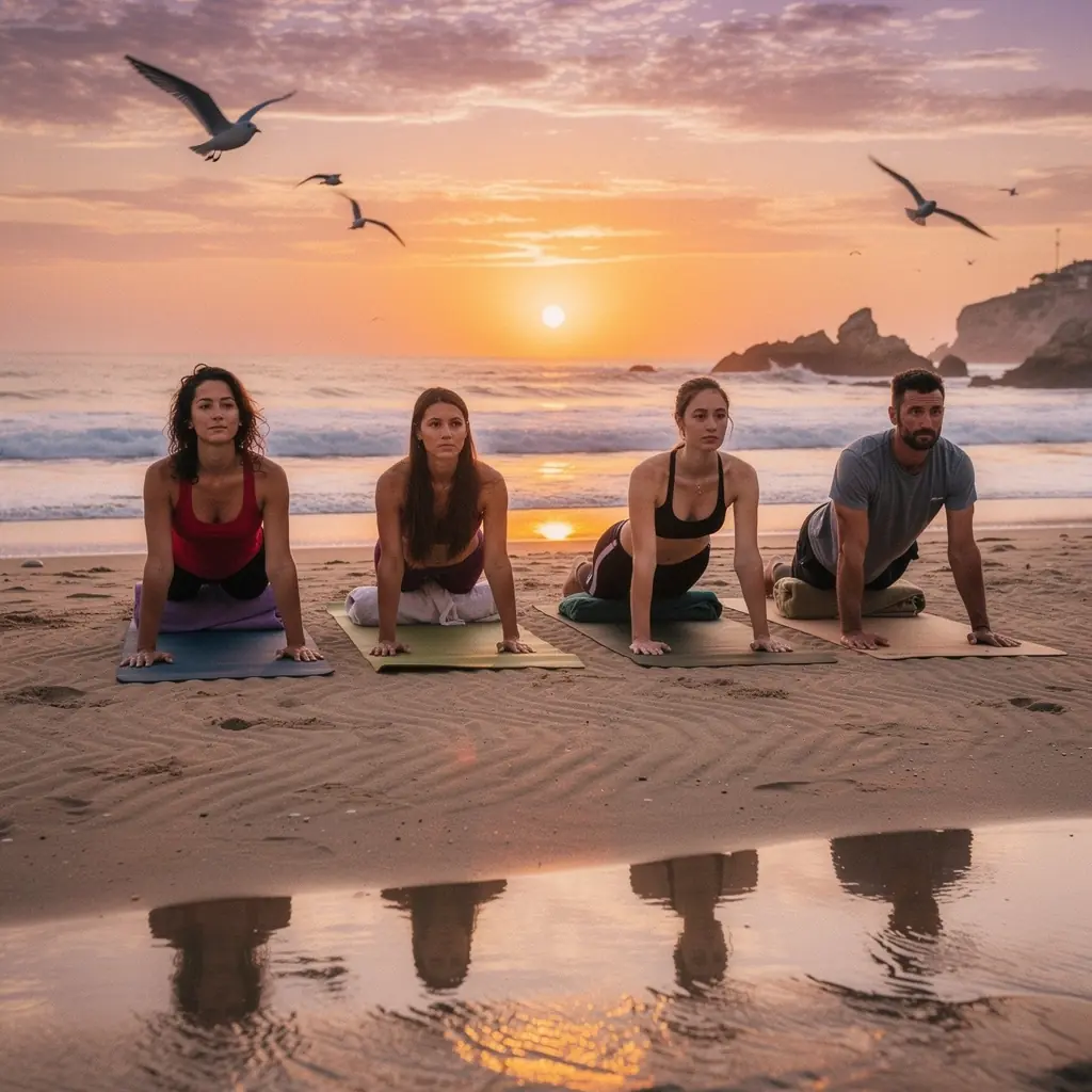 Un grupo de practicantes en una clase de yin yoga, realizando estiramientos profundos para liberar tensión en los tejidos conectivos.