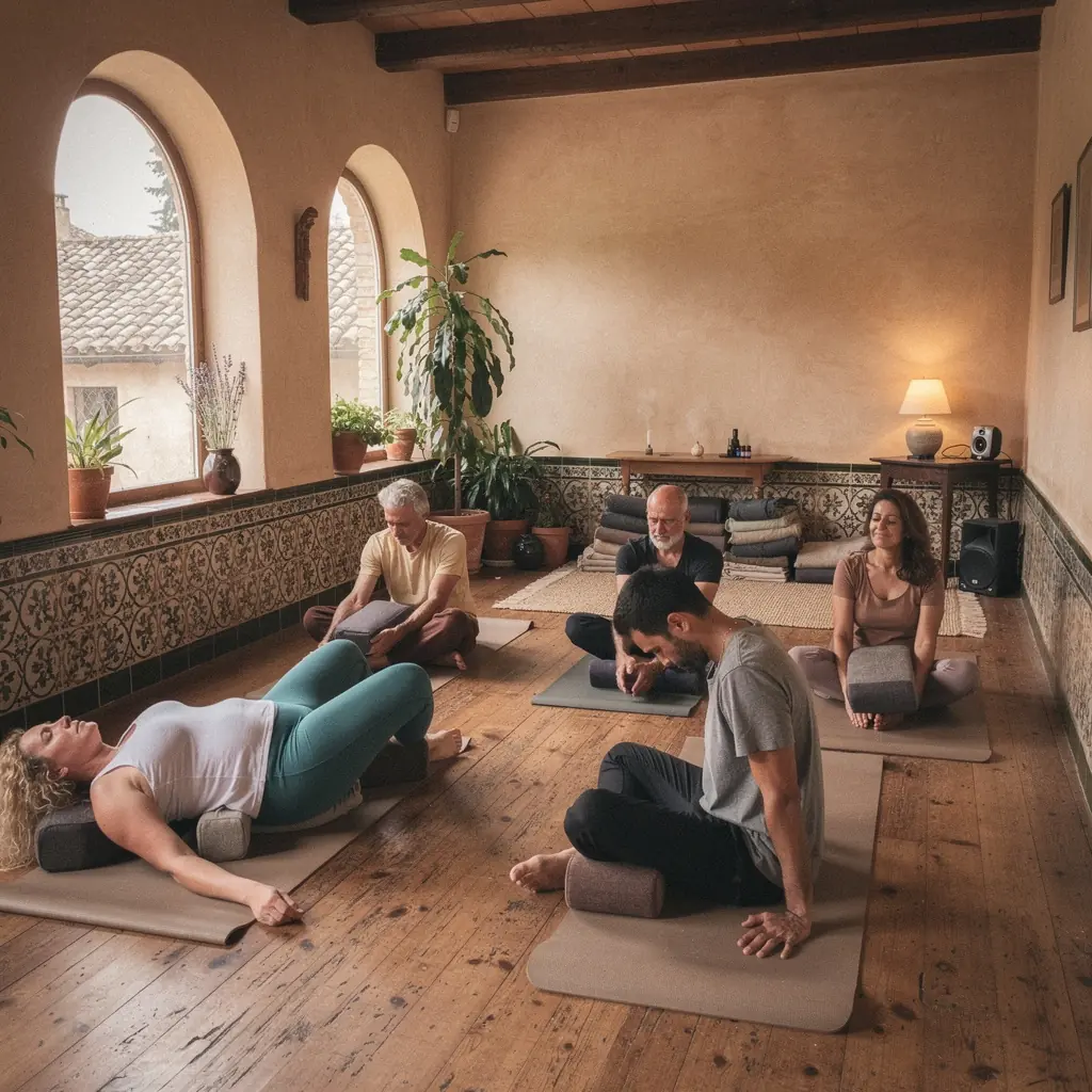 Una persona practicando yin yoga en un entorno sereno, con luces suaves y velas encendidas, enfocándose en estiramientos pasivos.