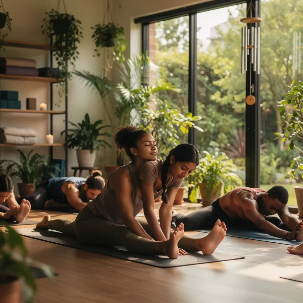 Una instructora guiando una sesión de estiramientos pasivos, enfocándose en la liberación de tejido profundo.