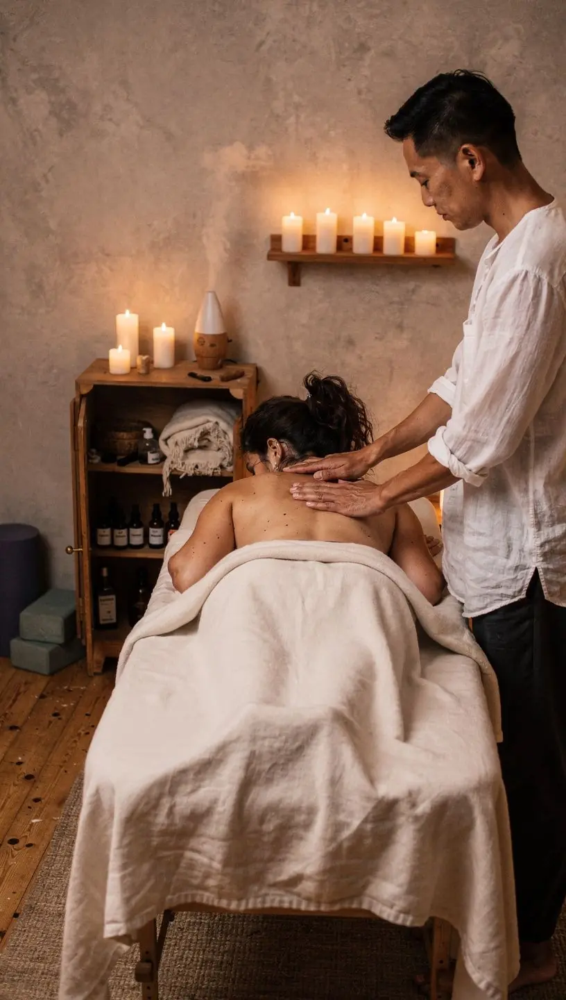 Un primer plano de manos en una postura de yoga, mostrando la conexión y la calma durante la práctica.