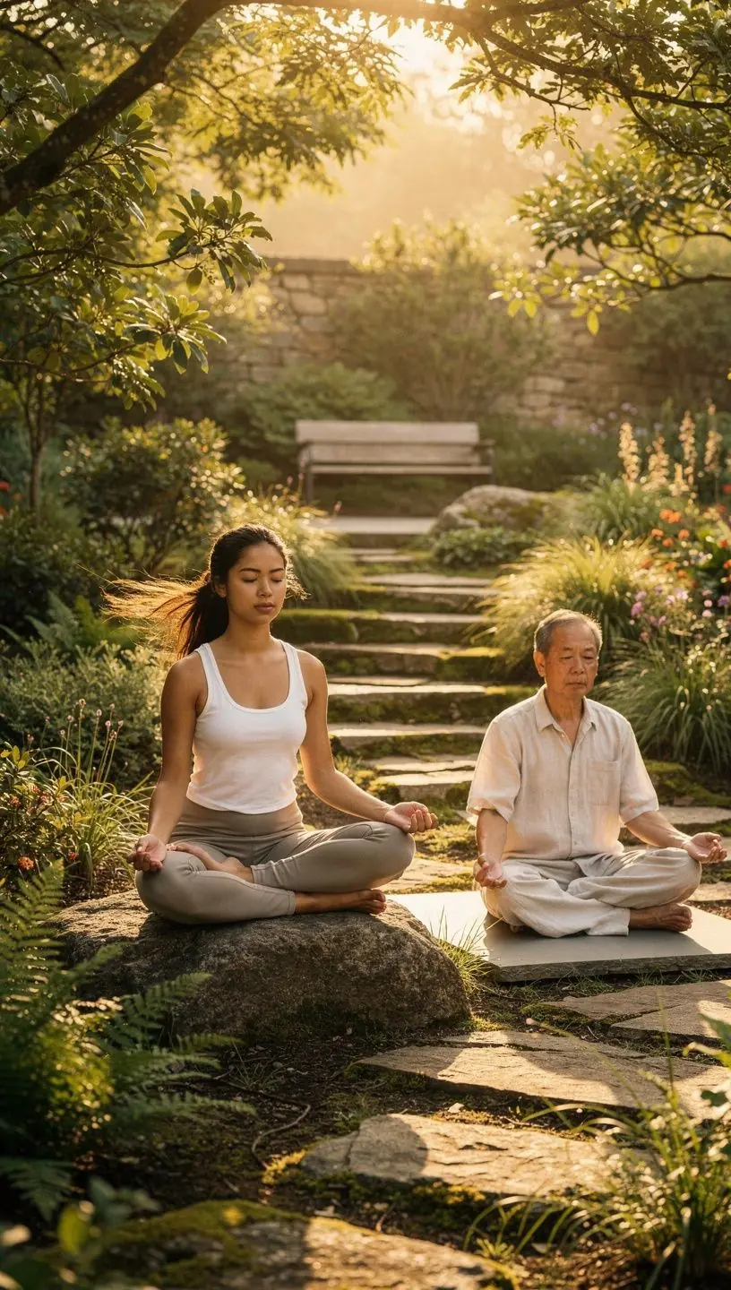 Una vista de la sala de yoga, con esterillas dispuestas para una sesión de estiramientos prolongados y meditativos.