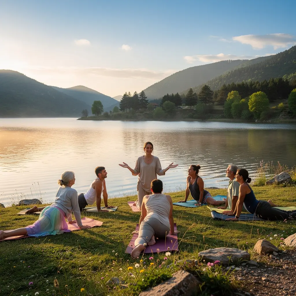 Una instructora guiando una sesión de estiramientos pasivos, enfocándose en la liberación de tejido profundo.