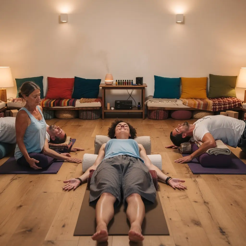 Una instructora guiando una sesión de estiramientos pasivos, enfocándose en la liberación de tejido profundo.