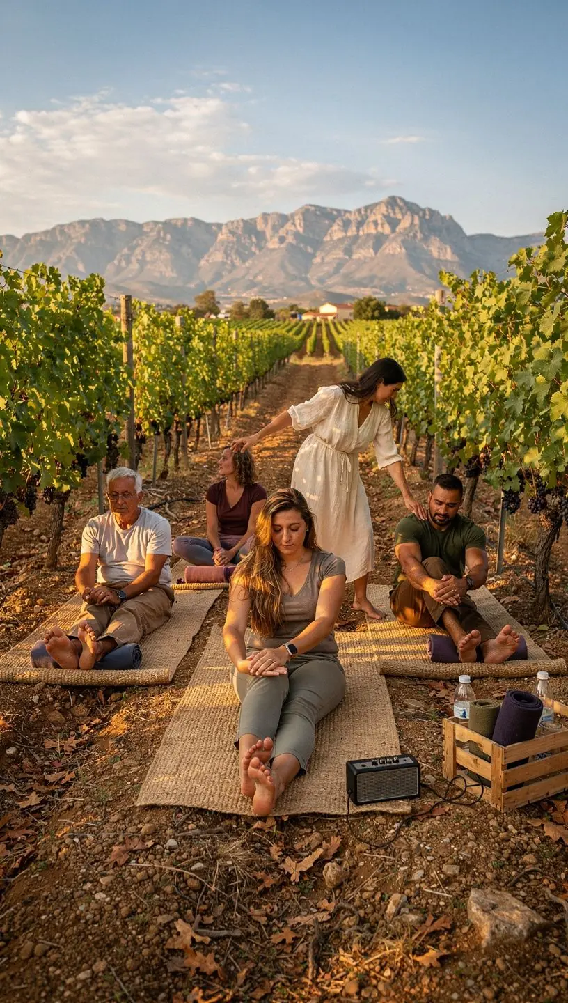 Una instructora guiando una sesión de estiramientos pasivos, enfocándose en la liberación de tejido profundo.